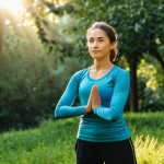 A calm individual in modest athletic wear, fully clothed, engaging in gentle stretching amidst a serene natural park at sunrise. Their posture is relaxed, and their expression conveys inner peace and mental clarity, symbolizing the lightness gained from holistic well-being. The background features soft, dappled sunlight filtering through lush green trees. perfect anatomy, correct proportions, natural pose, well-formed hands, proper finger count, natural body proportions, professional photography, high quality, safe for work, appropriate content, family-friendly.