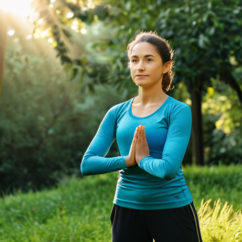 A calm individual in modest athletic wear, fully clothed, engaging in gentle stretching amidst a serene natural park at sunrise. Their posture is relaxed, and their expression conveys inner peace and mental clarity, symbolizing the lightness gained from holistic well-being. The background features soft, dappled sunlight filtering through lush green trees. perfect anatomy, correct proportions, natural pose, well-formed hands, proper finger count, natural body proportions, professional photography, high quality, safe for work, appropriate content, family-friendly.