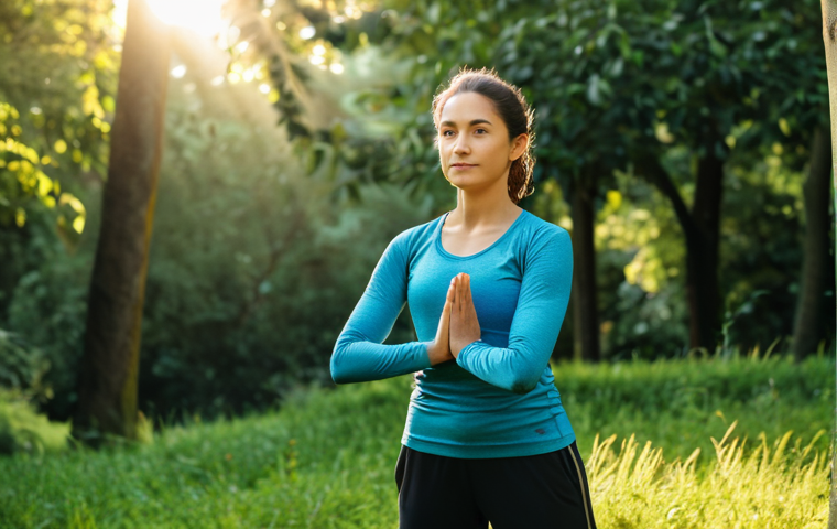 A calm individual in modest athletic wear, fully clothed, engaging in gentle stretching amidst a serene natural park at sunrise. Their posture is relaxed, and their expression conveys inner peace and mental clarity, symbolizing the lightness gained from holistic well-being. The background features soft, dappled sunlight filtering through lush green trees. perfect anatomy, correct proportions, natural pose, well-formed hands, proper finger count, natural body proportions, professional photography, high quality, safe for work, appropriate content, family-friendly.