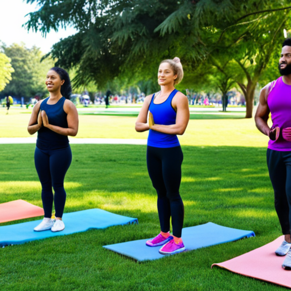 Personalized Fitness Journey**

"A diverse group of people, fully clothed in activewear, participating in various exercises (yoga, weightlifting, walking) in a bright, welcoming park. A fitness instructor in modest athletic apparel guides them. The scene emphasizes individual adjustments and modifications. Safe for work, appropriate content, fully clothed, professional fitness setting, perfect anatomy, natural proportions, family-friendly."

**