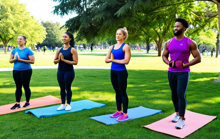 Personalized Fitness Journey**

"A diverse group of people, fully clothed in activewear, participating in various exercises (yoga, weightlifting, walking) in a bright, welcoming park. A fitness instructor in modest athletic apparel guides them. The scene emphasizes individual adjustments and modifications. Safe for work, appropriate content, fully clothed, professional fitness setting, perfect anatomy, natural proportions, family-friendly."

**