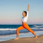 블루 운동 처방의 효과적인 피드백 시스템 - **Prompt:** A young, fit woman in her late 20s, with a radiant smile, is performing a dynamic yoga p...