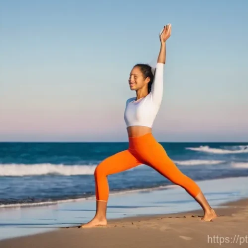 블루 운동 처방의 효과적인 피드백 시스템 - **Prompt:** A young, fit woman in her late 20s, with a radiant smile, is performing a dynamic yoga p...