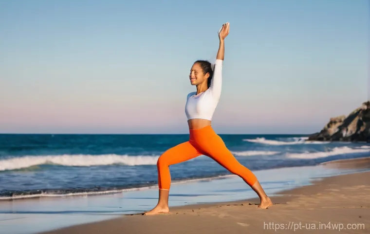 블루 운동 처방의 효과적인 피드백 시스템 - **Prompt:** A young, fit woman in her late 20s, with a radiant smile, is performing a dynamic yoga p...