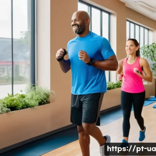 블루 운동 처방의 실행 시 고려사항 - A diverse group of adults in a bright, spacious gym performing a variety of exercises with proper fo...