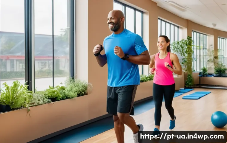 블루 운동 처방의 실행 시 고려사항 - A diverse group of adults in a bright, spacious gym performing a variety of exercises with proper fo...