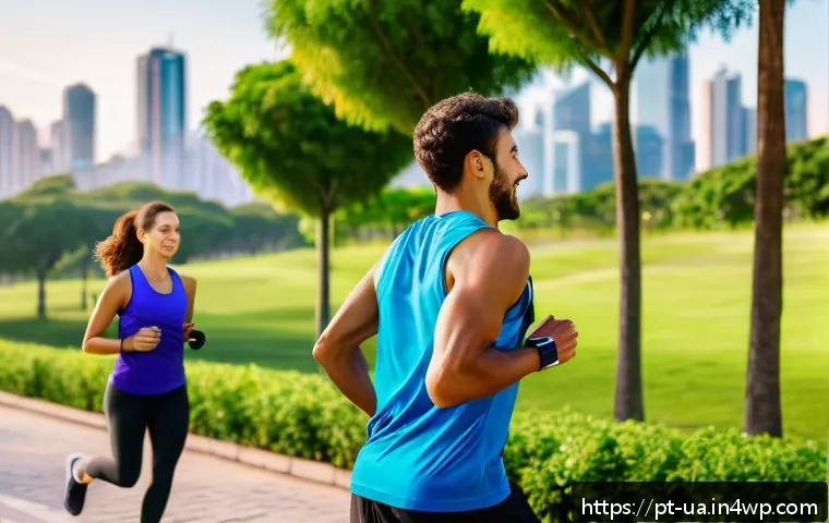 블루 운동 처방과 대중의 인식 변화 - A vibrant outdoor scene in a Brazilian urban park during early morning, featuring a diverse group of...