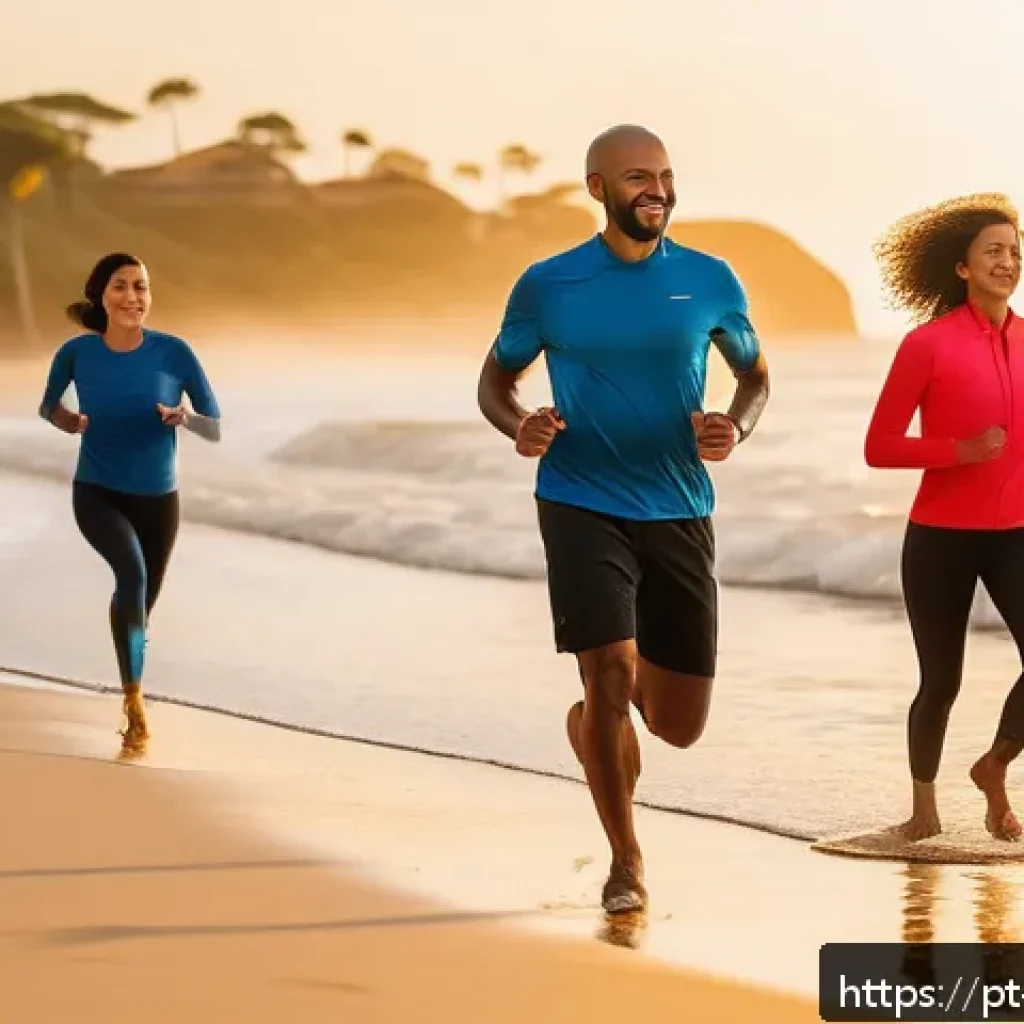 블루 운동 처방에 대한 일반인 대상 설문조사 결과 - A diverse group of Brazilian adults, aged 25 to 45, practicing Blue Exercise in a serene coastal set...
