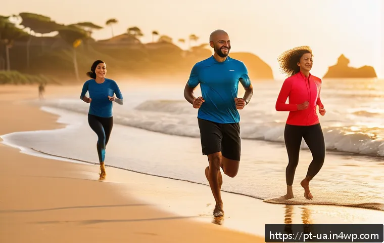 블루 운동 처방에 대한 일반인 대상 설문조사 결과 - A diverse group of Brazilian adults, aged 25 to 45, practicing Blue Exercise in a serene coastal set...