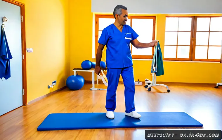 블루 운동 처방을 위한 실천 사례 - Photorealistic Brazilian physiotherapist in blue scrubs guiding a middle-aged adult through a gentle...